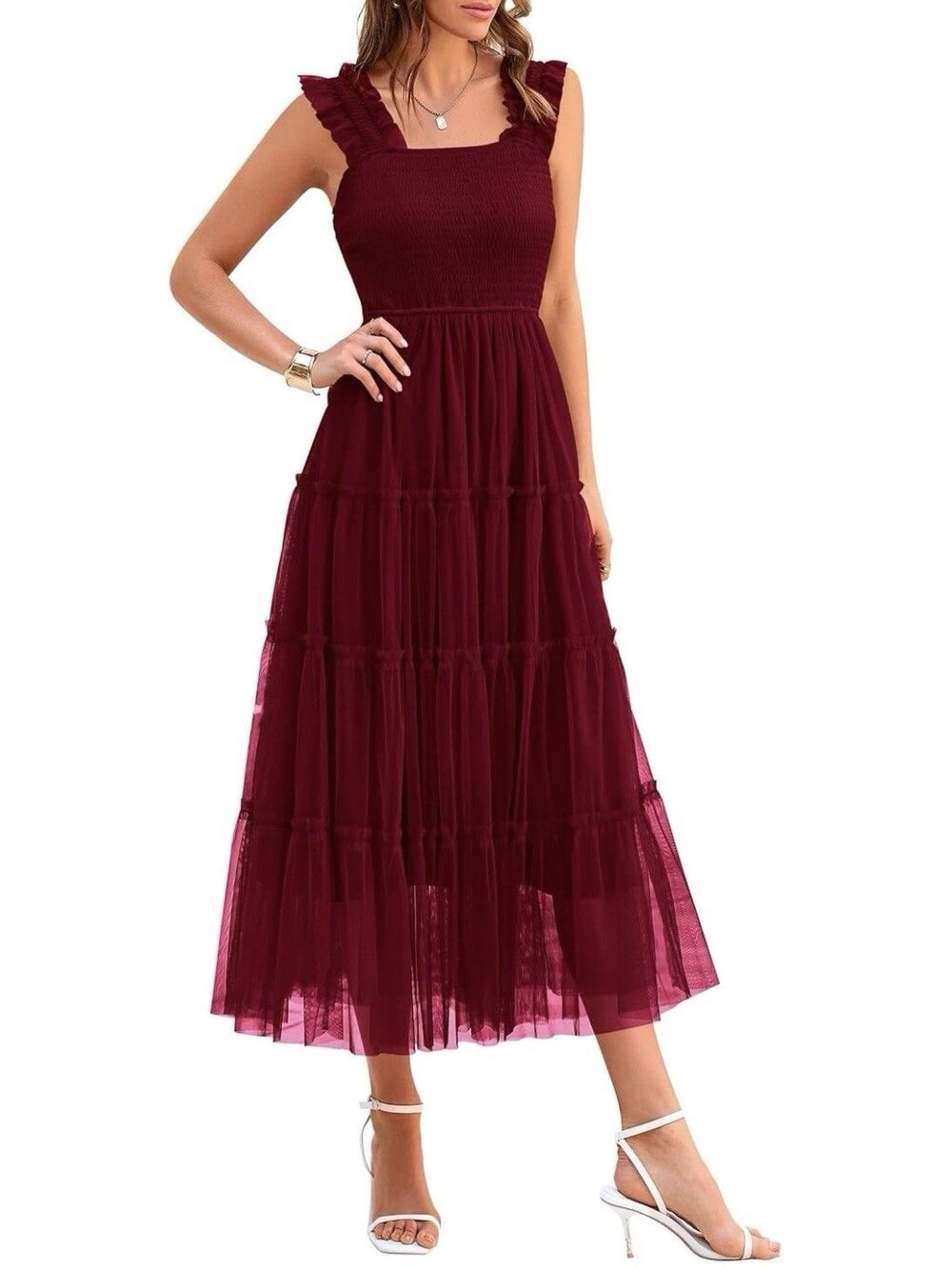 PRETTYGARDEN Wine Red Tulle Midi Dress Cocktail Sleeveless Smocked Ruffle Size L